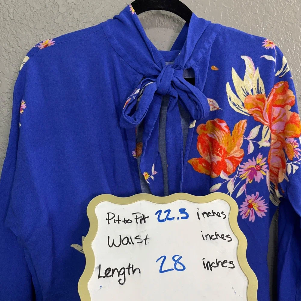 Free People Blue Floral Open Tie Back Mock Neck Tunic Top Long Sleeve OB699023